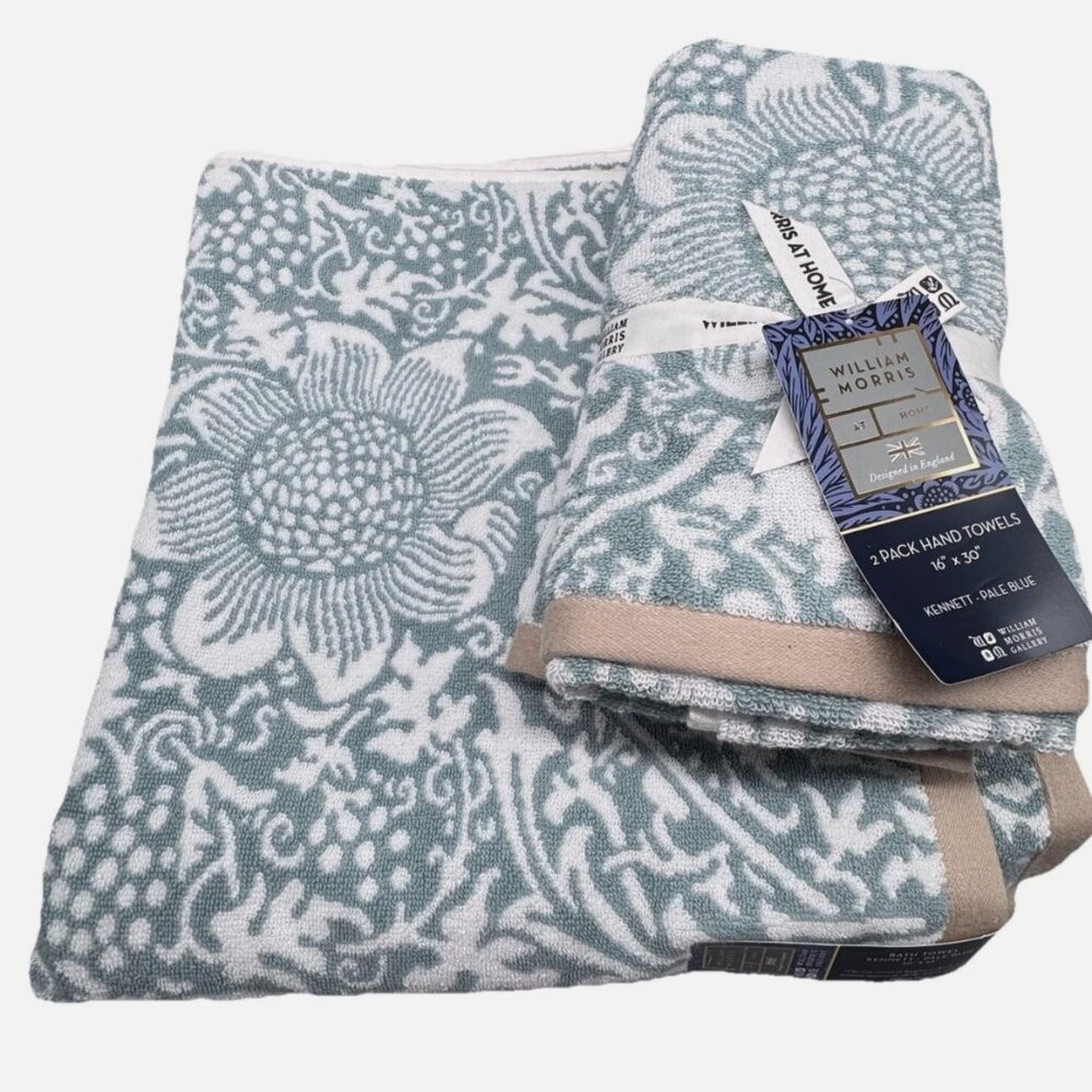 4 Pc William Morris KENNETT Pale Blue Floral Vines Bath and Hand Towel Set NEW